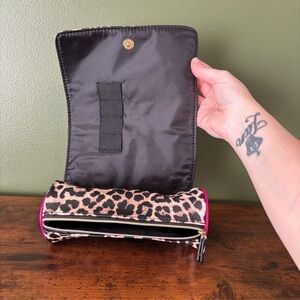 Betsey Johnson animal print makeup case with pink trim